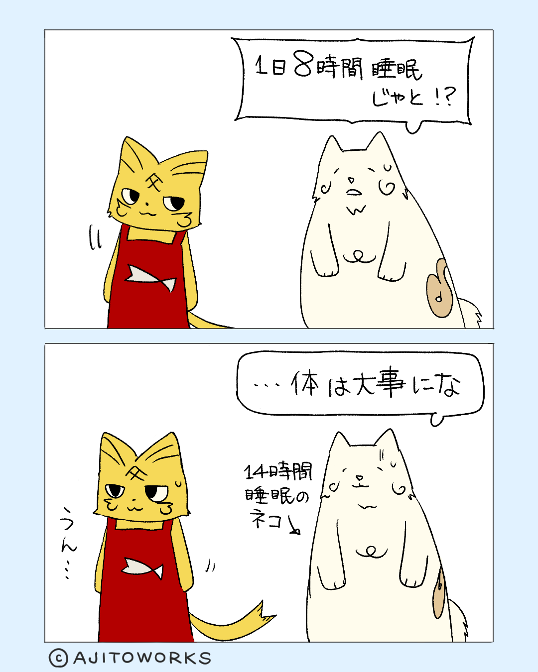 成猫の睡眠時間は12-16時間程度で、人間のようにまとまった時間ではなく、浅い眠りを繰り返し取っているのだとか。
